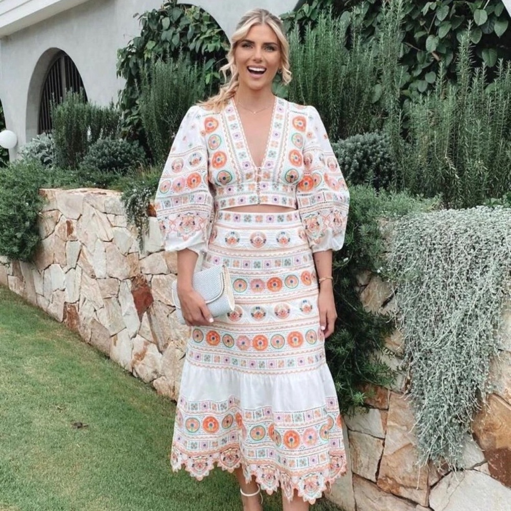 Zimmermann Orange Midi Dress with Plunge Neckline and Puff Sleeves